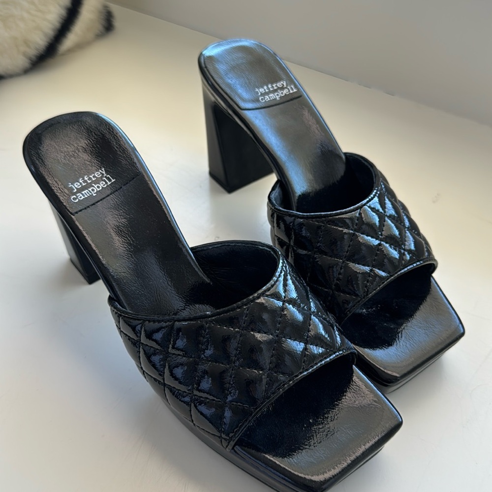 NEW Jeffrey Campbell Nana Quilted Platform Mule Black Crinkle Patent